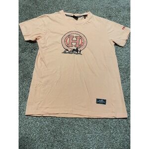 Hermes Paris Graphic T-Shirt Peach Orange Embroidered Logo Mens Size M